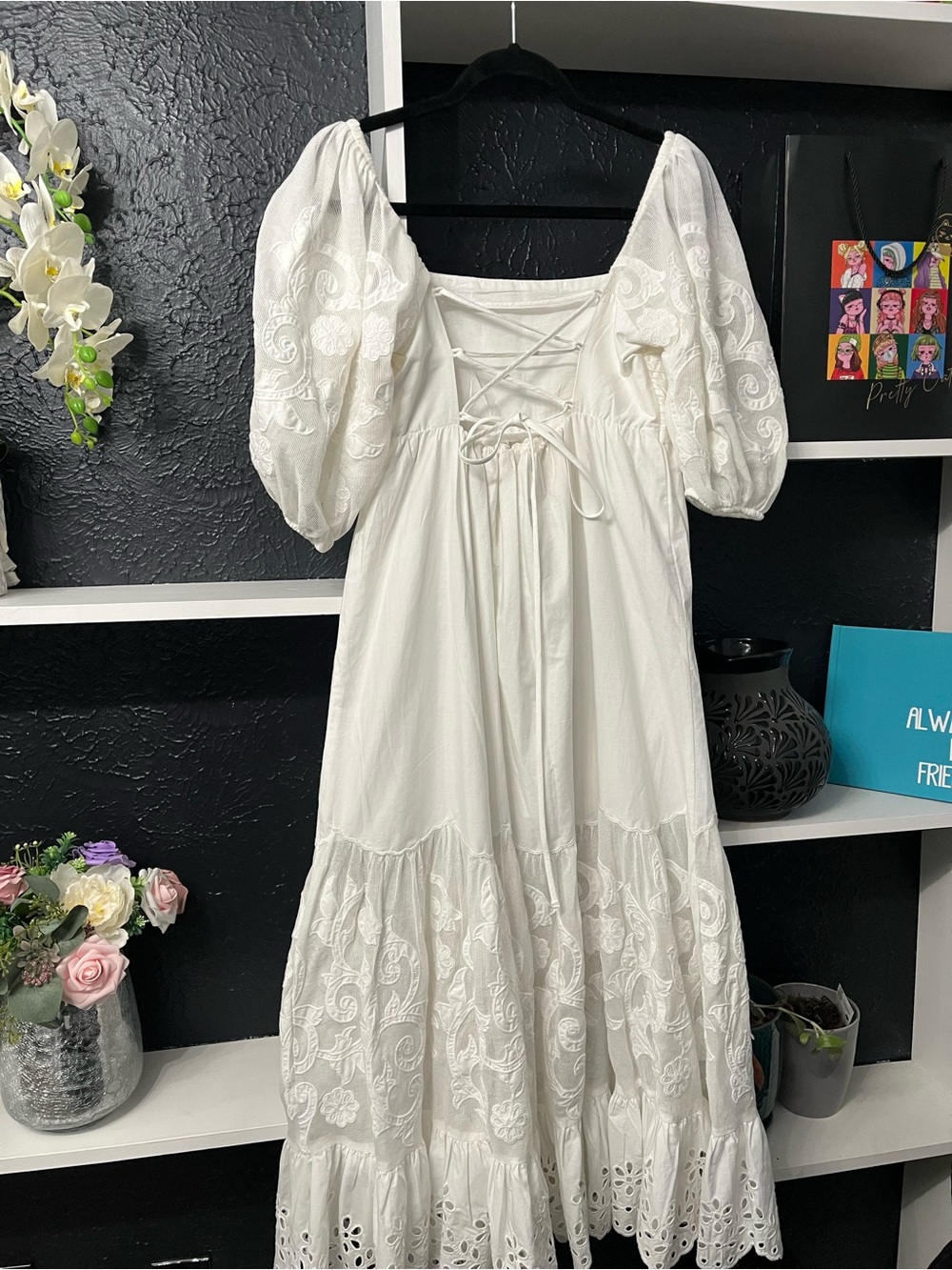 Abercrombie & Fitch White Embroidered Puff-Sleeve Maxi Dress M